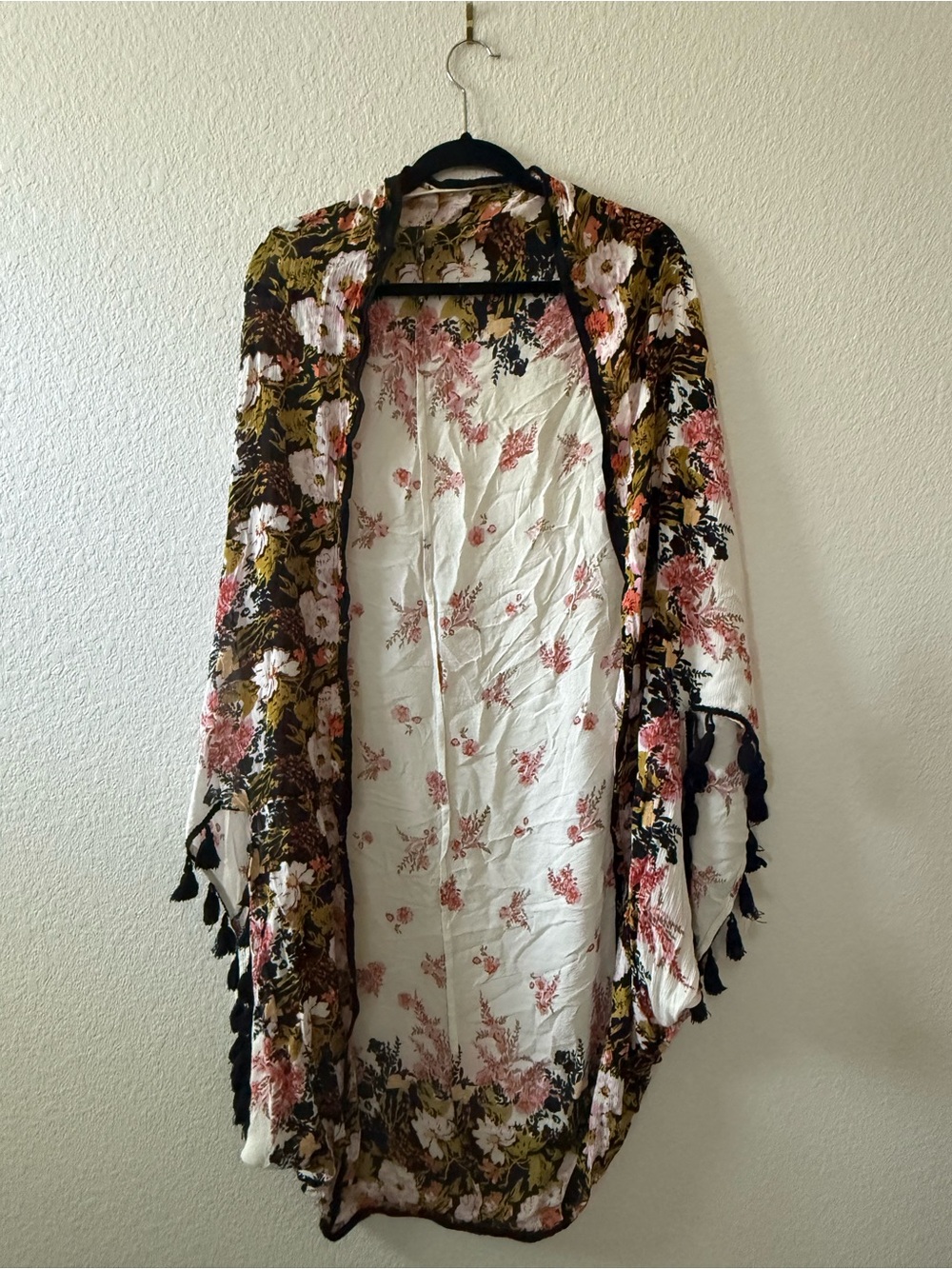 Free People Floral Tassel Kimono Cardigan - Pink, Olive & Black
